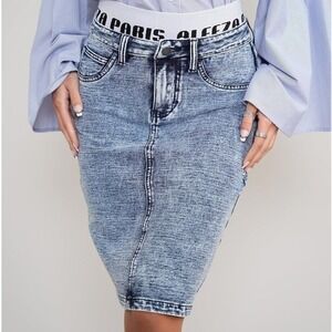 ALEEZA PARIS Denim Straight Skirt XS Blue Jean Midi High Waist Elastic Band NWT